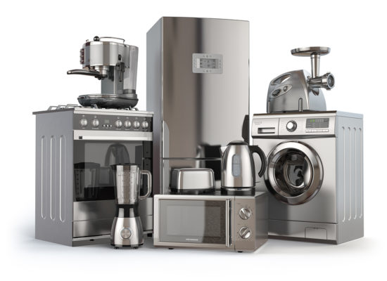 Home appliances. Gas cooker, refrigerator,  microwave and  washing machine, blender  toaster  coffee machine, meat ginder and kettle. 3d illustration